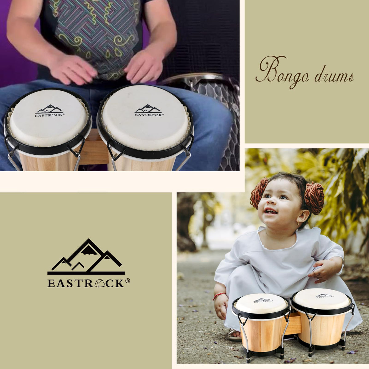 EastRock Bongo Drum 6” and 7” Set for Adults Beginners Professionals Tunable Wood and Metal Drum Percussion Instruments with Bag and Tuning Wrench