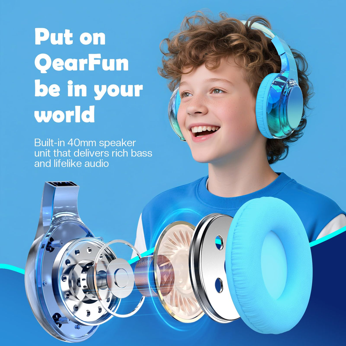 Blue Kids Bluetooth Headphones, 60H Playtime, 74/85/94dB Volume Limit