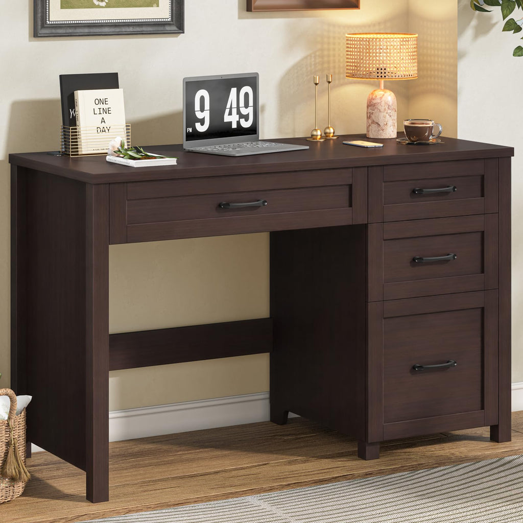 Vabches Farmhouse 47" Computer Desk with Charging Station, File Drawer, Walnut