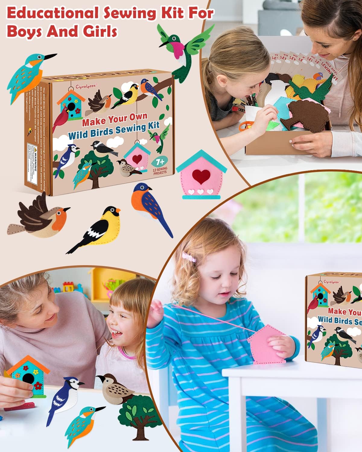 Wild Birds Sewing Kit for Kids – 12 Felt Bird &amp; Nature Crafts | Beginner Sewing &amp; Educational Activity Set