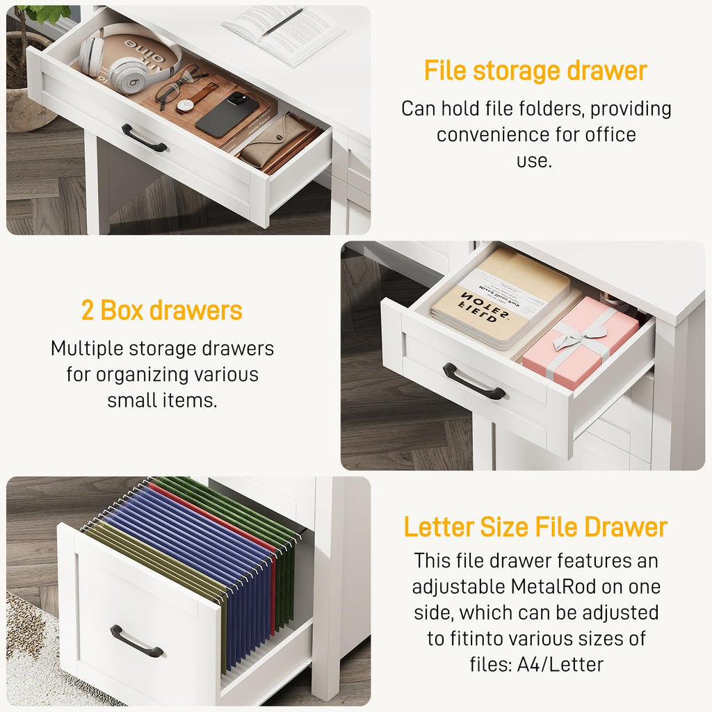 Farmhouse 47" Desk with 4 Drawers, File Drawer and Charging Station, Cream White