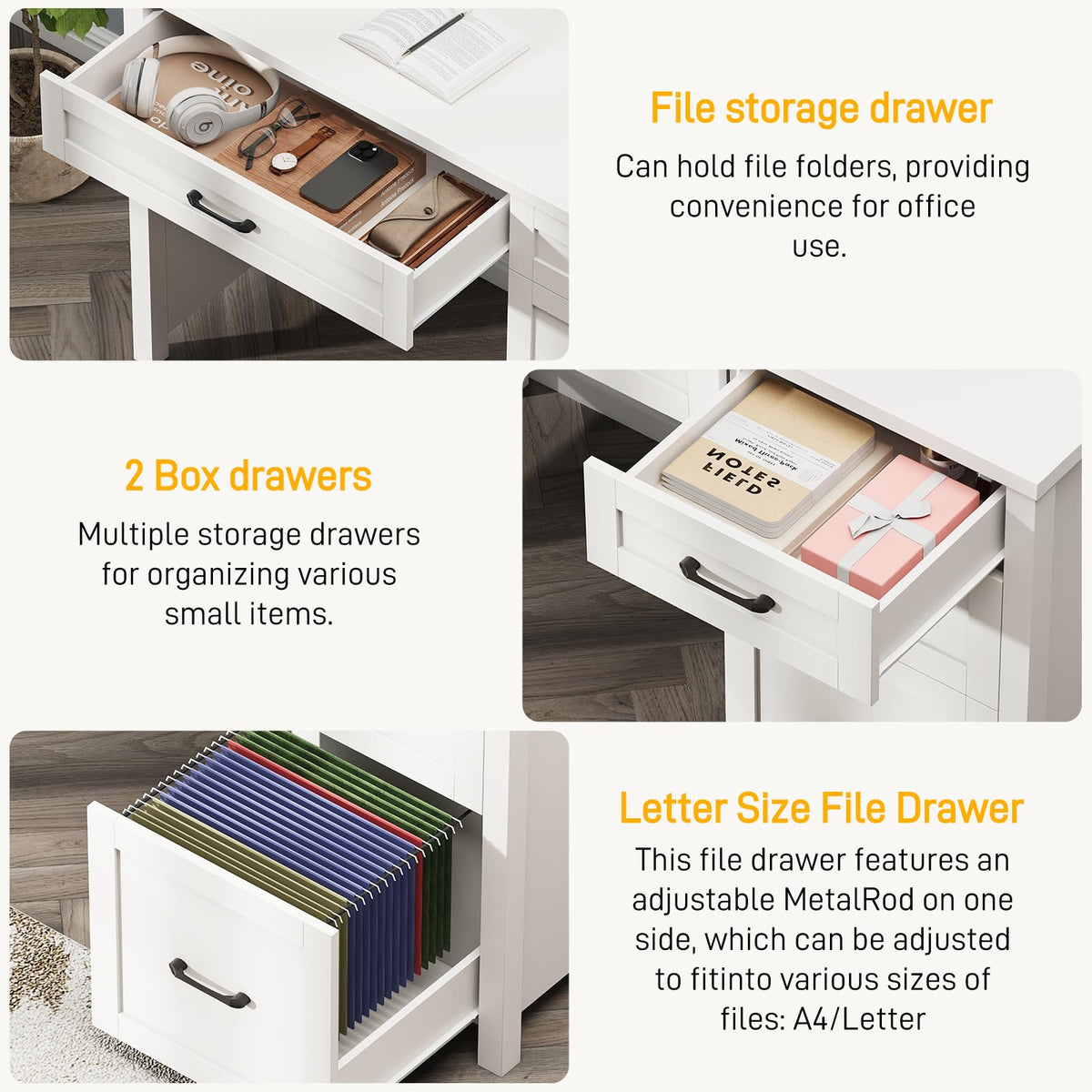 Farmhouse 47" Desk with 4 Drawers, File Drawer and Charging Station, Cream White
