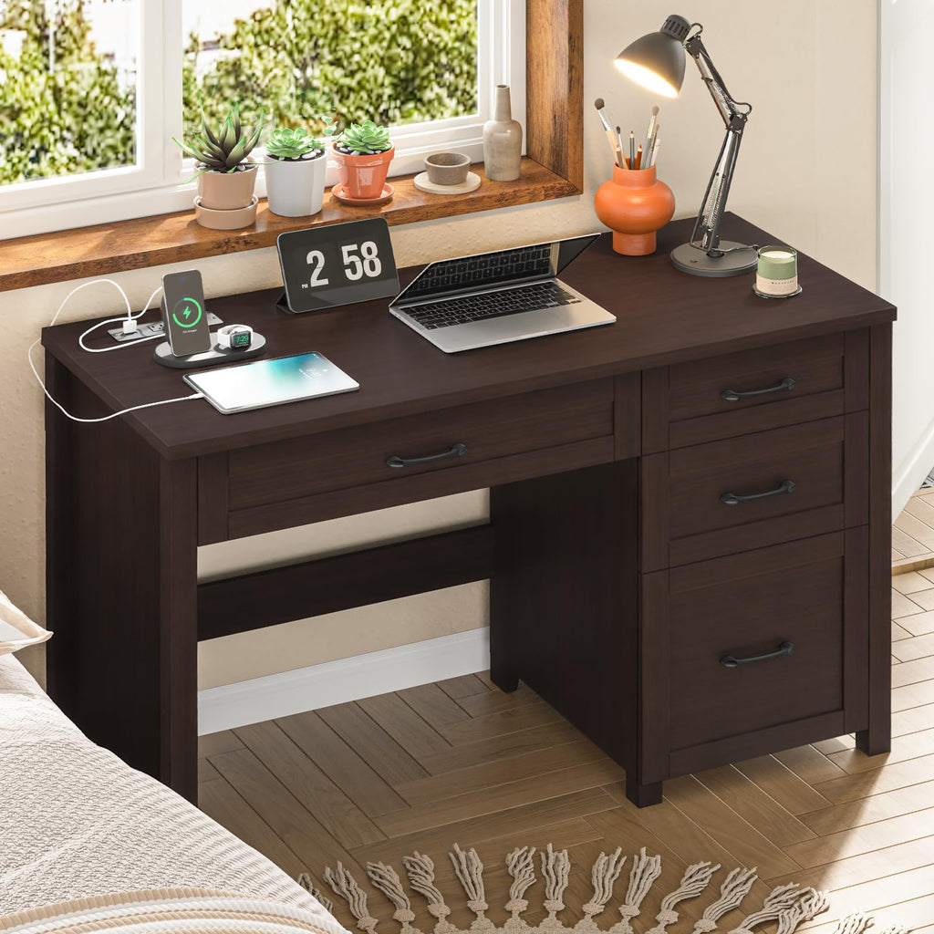 Vabches Farmhouse 47" Computer Desk with Charging Station, File Drawer, Walnut