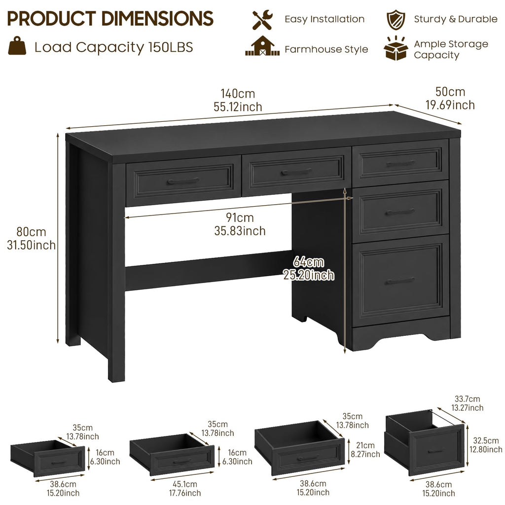 55″ Farmhouse Desk with 5 Drawers, Pure Black