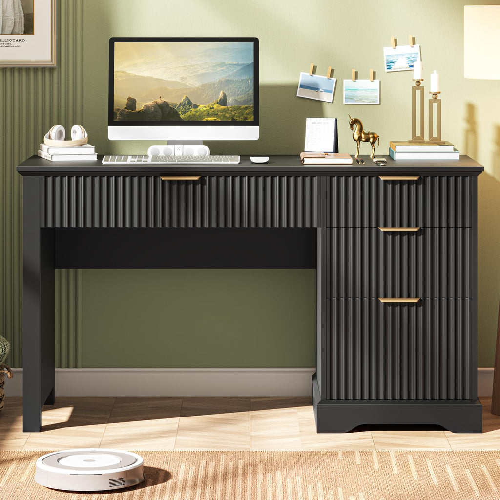 Vabches Fluted Executive Desk with Drawers, Wood Computer Desk, File Drawer, Black