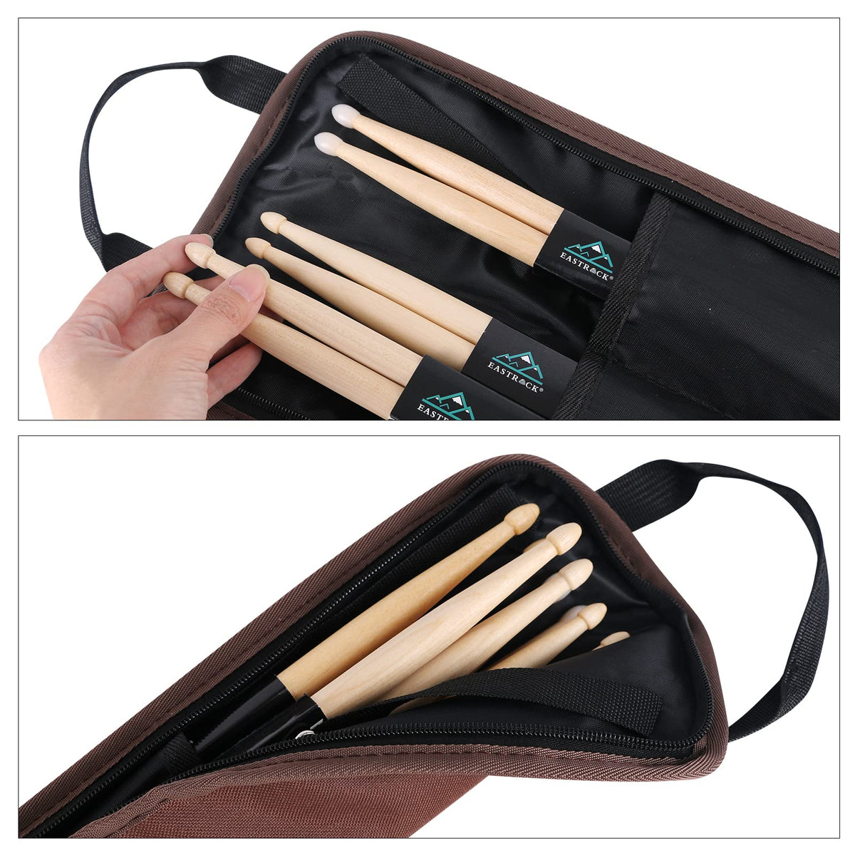 EASTROCK Drum Sticks Bag with 3 Pair Drumsticks, Drumstick Bag with Floor Tom Hook, Carrying Strap (Brown)