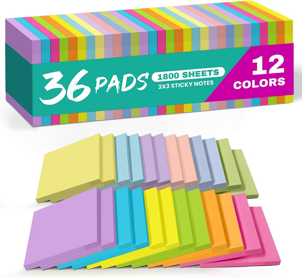 36 Pads Sticky Notes, 3x3 Inches, 12 Bright Colors, 50 Sheets/Pad