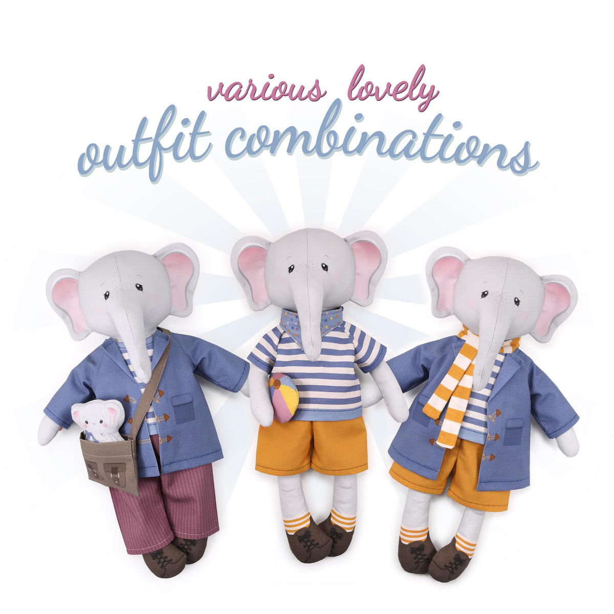 kullaloo Cut & Sew Fabric Panel – Elephant Doll Sewing Kit for Teens & Adults ✦ Intermediate DIY Plush Project with Clothes ✦ Dress Me Bestie Eddy