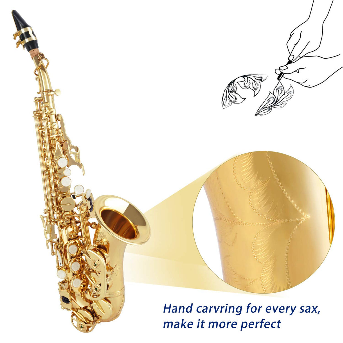 EASTROCK Bb Curved Soprano Saxophone Golden for Beginners Students