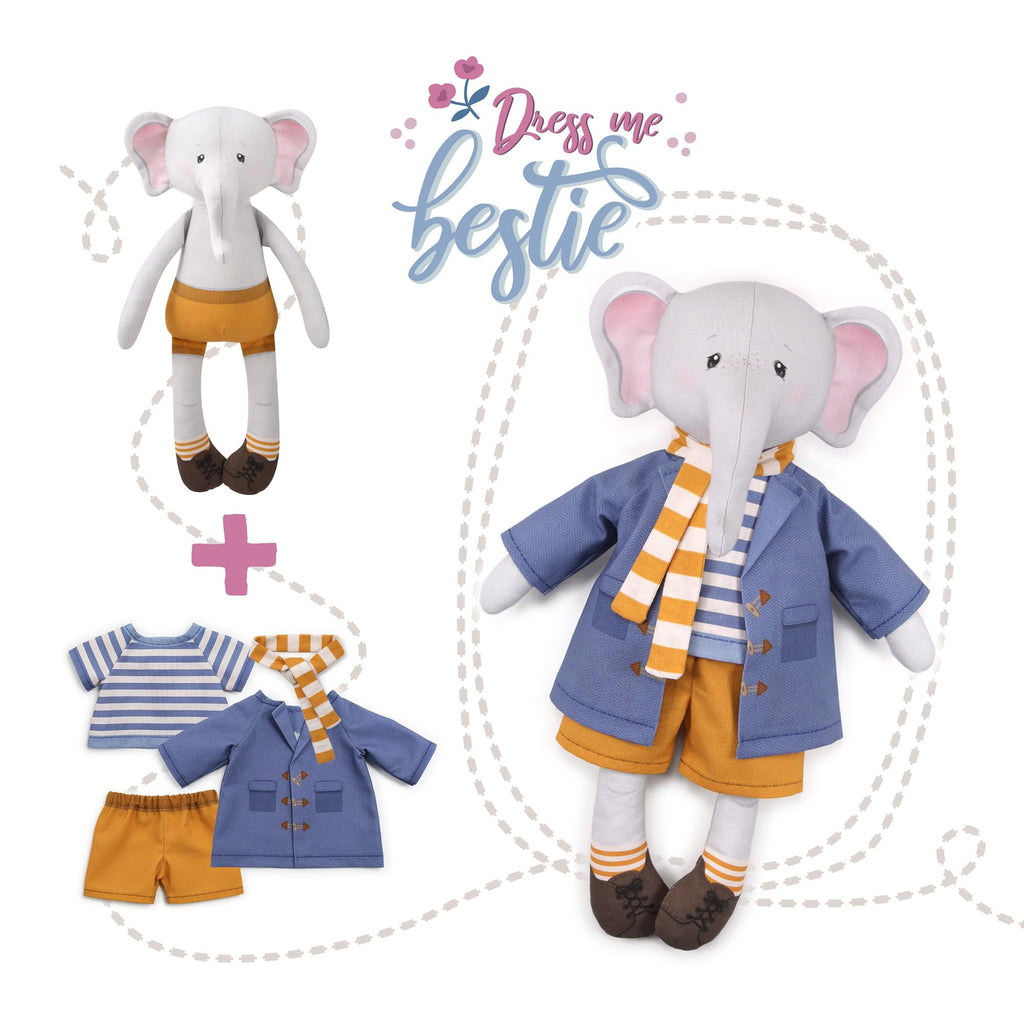 kullaloo Cut & Sew Fabric Panel – Elephant Doll Sewing Kit for Teens & Adults ✦ Intermediate DIY Plush Project with Clothes ✦ Dress Me Bestie Eddy