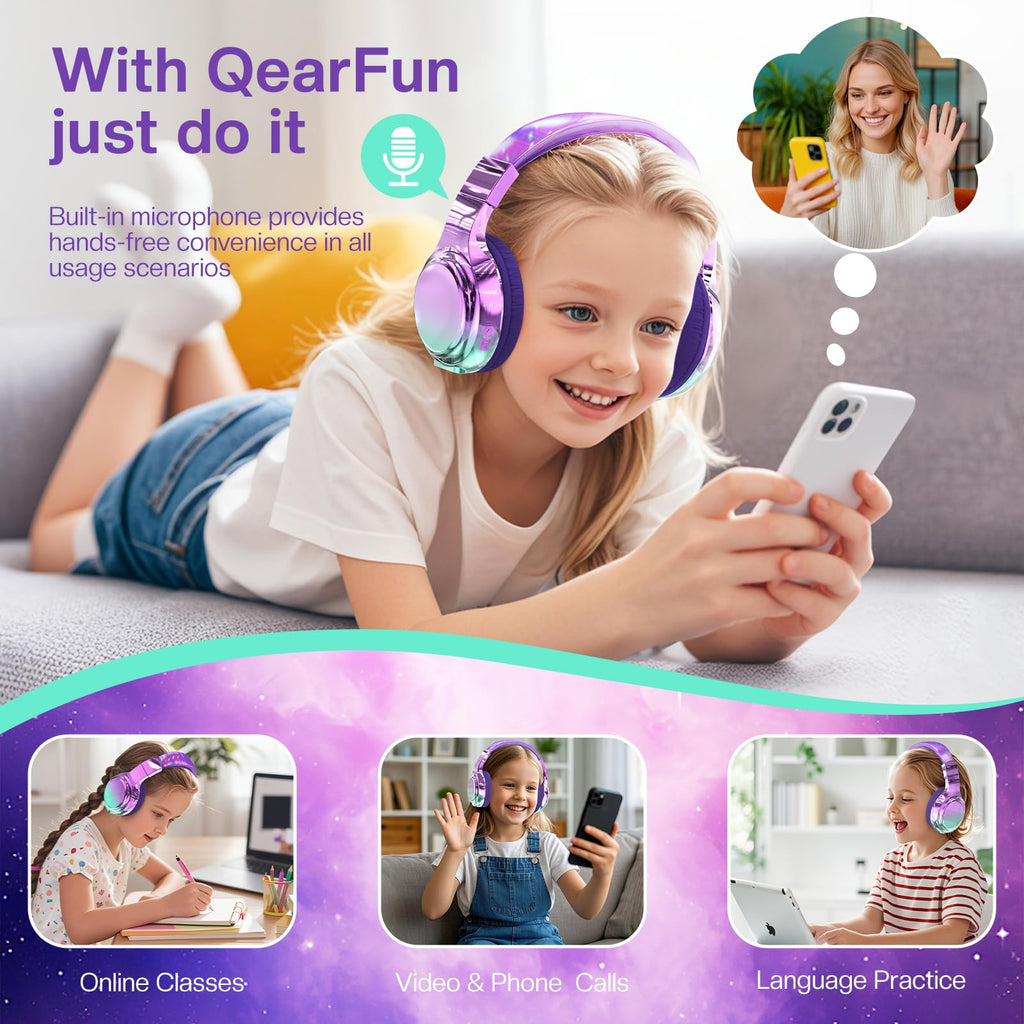 Purple Kids Bluetooth Headphones, 60H Playtime, 74/85/94dB Volume Limit