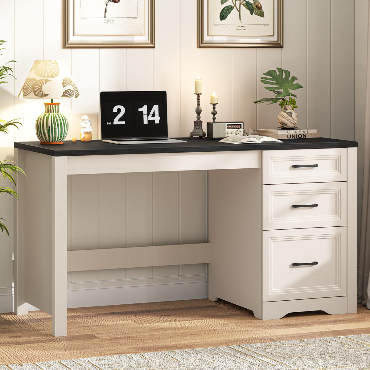 Farmhouse Desk with Drawers, File Drawer, Wood Black White
