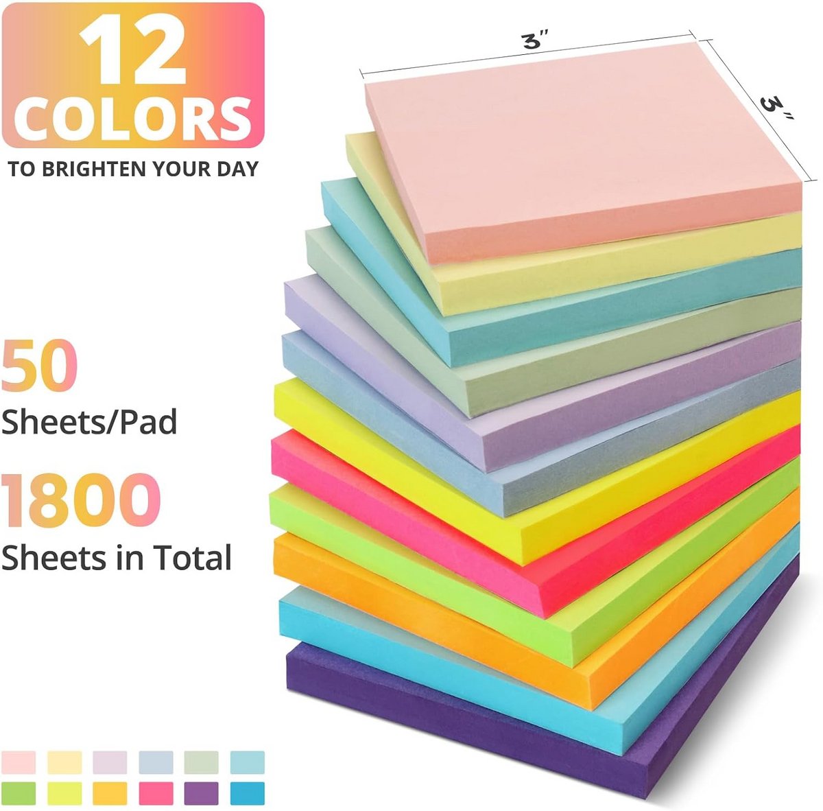 36 Pads Sticky Notes, 3x3 Inches, 12 Bright Colors, 50 Sheets/Pad