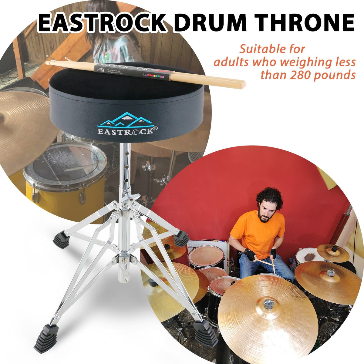 EASTROCK Drum Throne Drum Stools with 4 Legs Support,Universal Height Adjustable Drum Seat for Drummer Adult (Black)