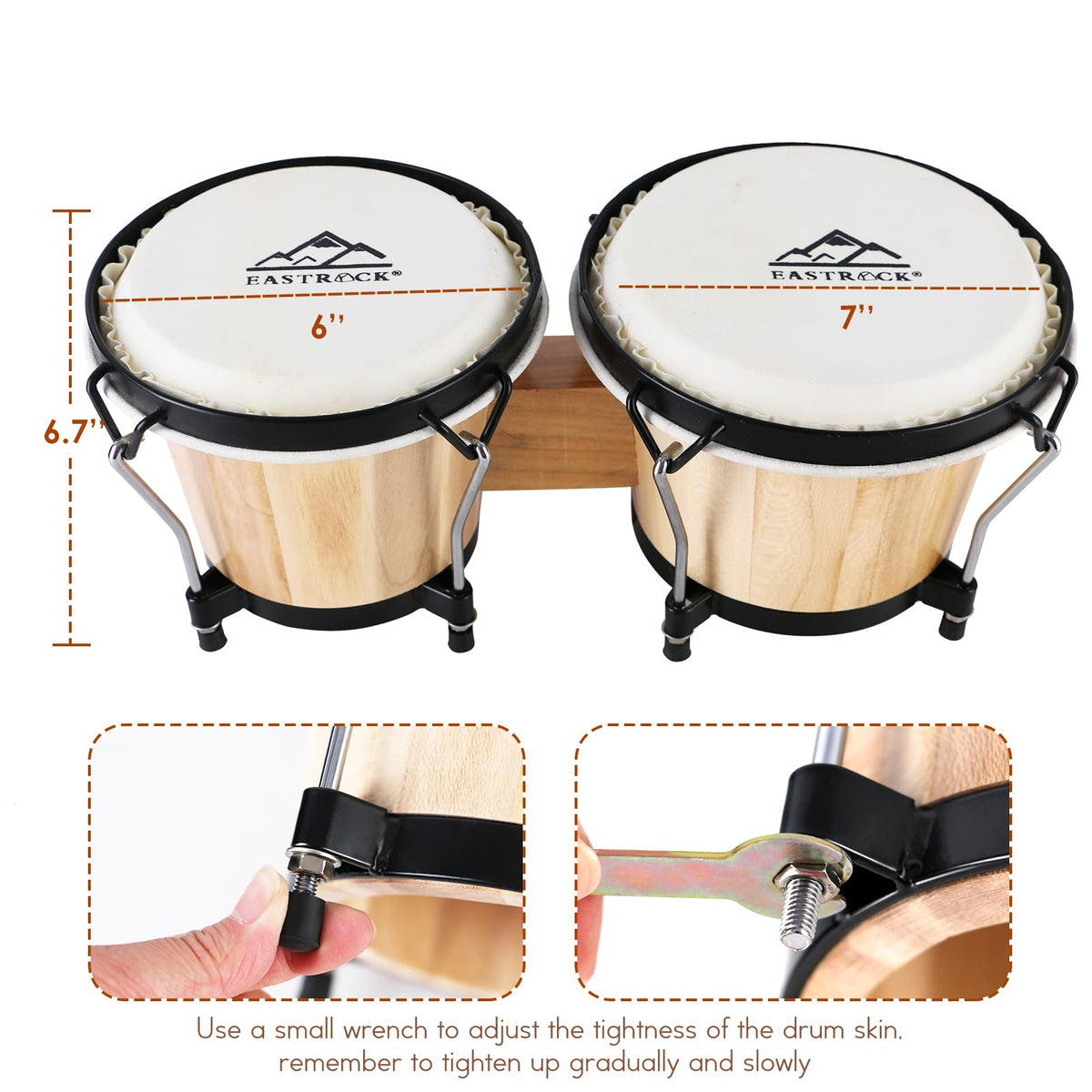 EastRock Bongo Drum 6” and 7” Set for Adults Beginners Professionals Tunable Wood and Metal Drum Percussion Instruments with Bag and Tuning Wrench