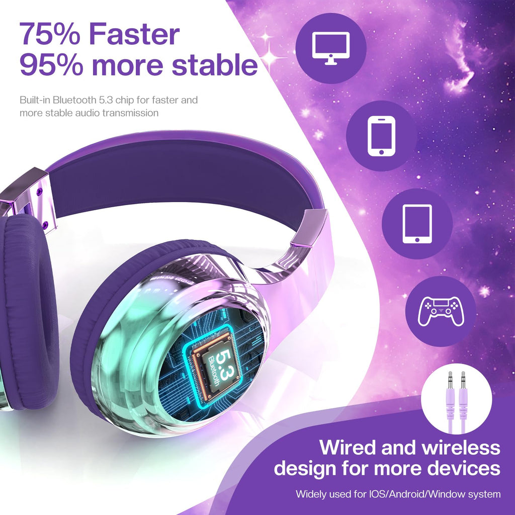 Purple Kids Bluetooth Headphones, 60H Playtime, 74/85/94dB Volume Limit