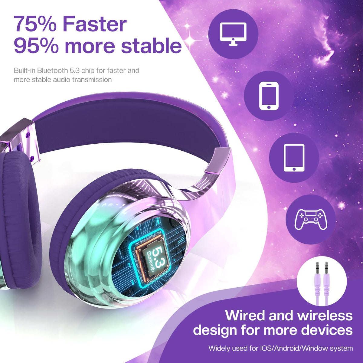 Purple Kids Bluetooth Headphones, 60H Playtime, 74/85/94dB Volume Limit