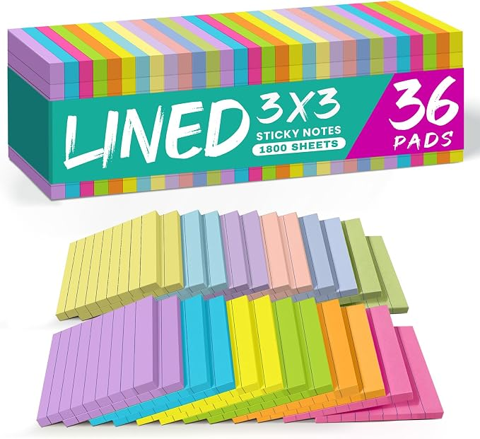 3 x 3 Inch Lined Sticky Notes for Students and Classroom Organization – 36 Pads, 1,800 Sheets