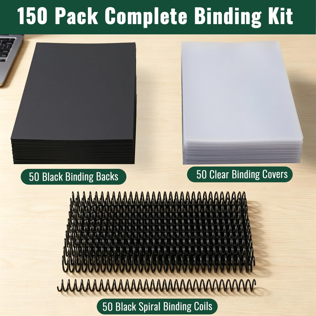 150-Piece Spiral Coil Binding Kit – Clear Covers, Black Back Covers & Binding Coils – 8.5" x 11"