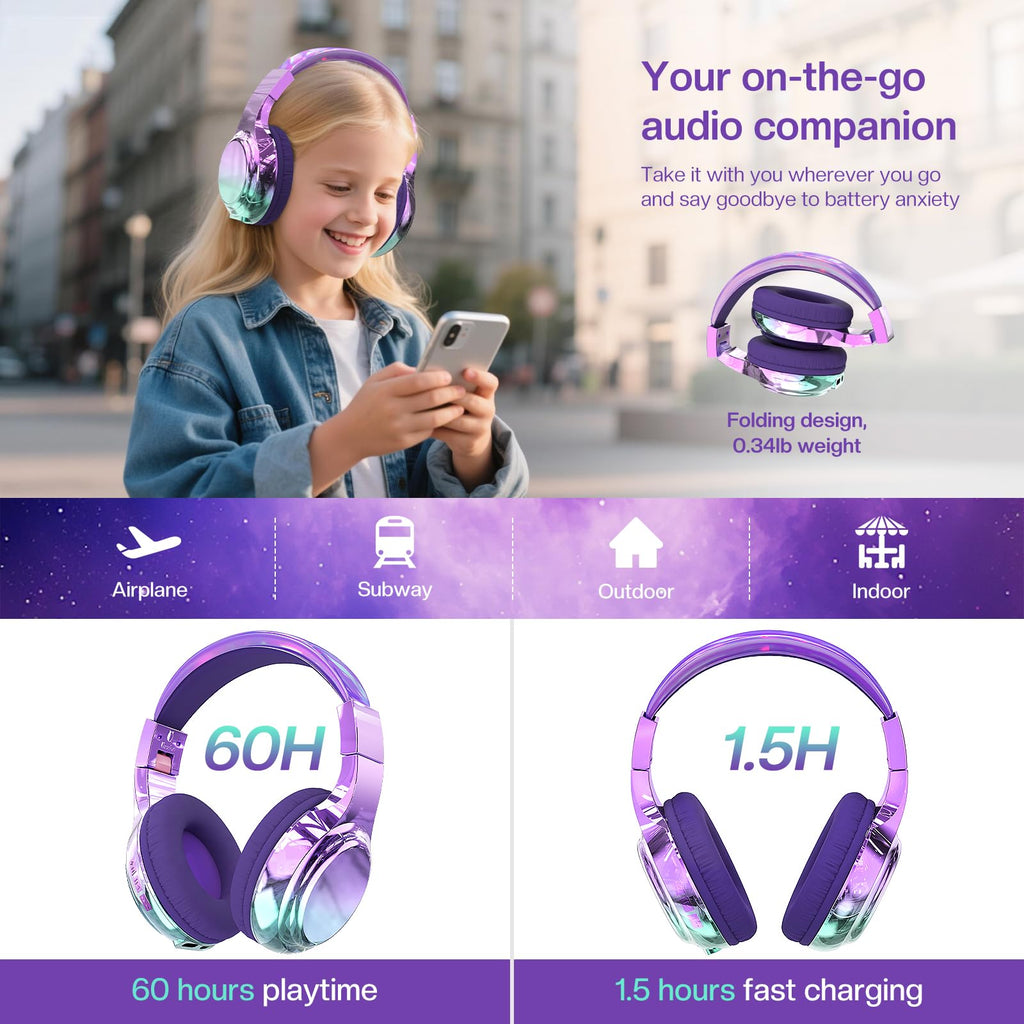 Purple Kids Bluetooth Headphones, 60H Playtime, 74/85/94dB Volume Limit