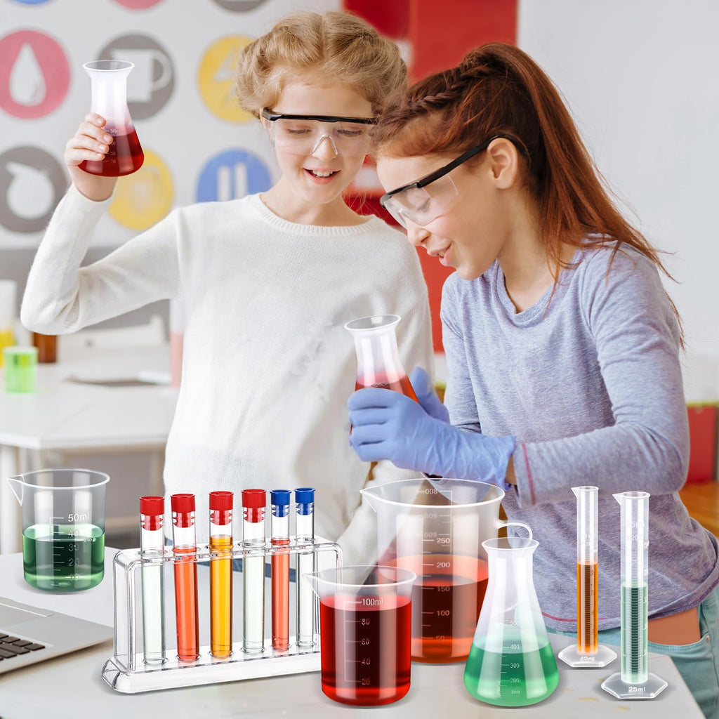 28 Pcs Plastic Beakers Test Tubes with Graduated Cylinder Flask