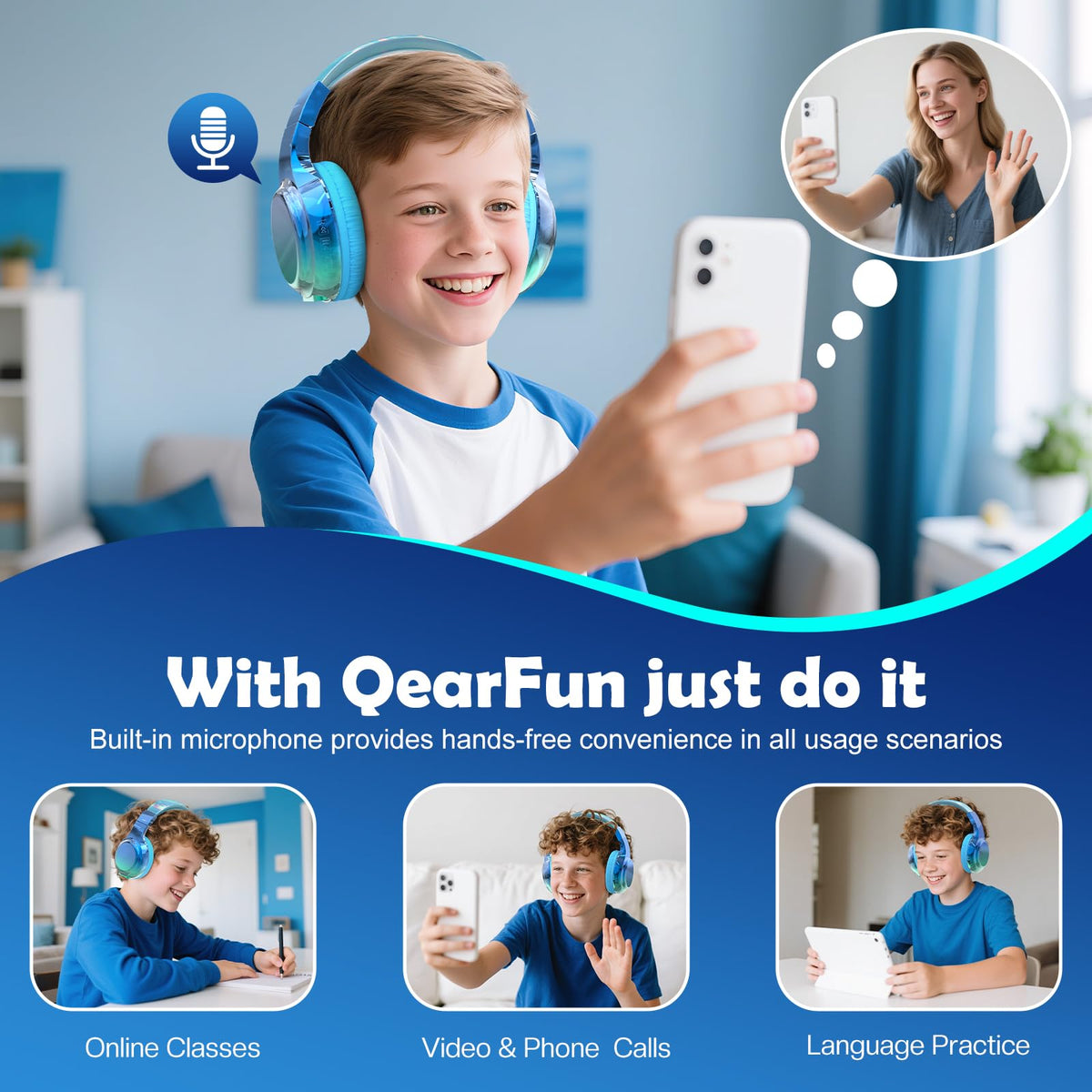 Blue Kids Bluetooth Headphones, 60H Playtime, 74/85/94dB Volume Limit