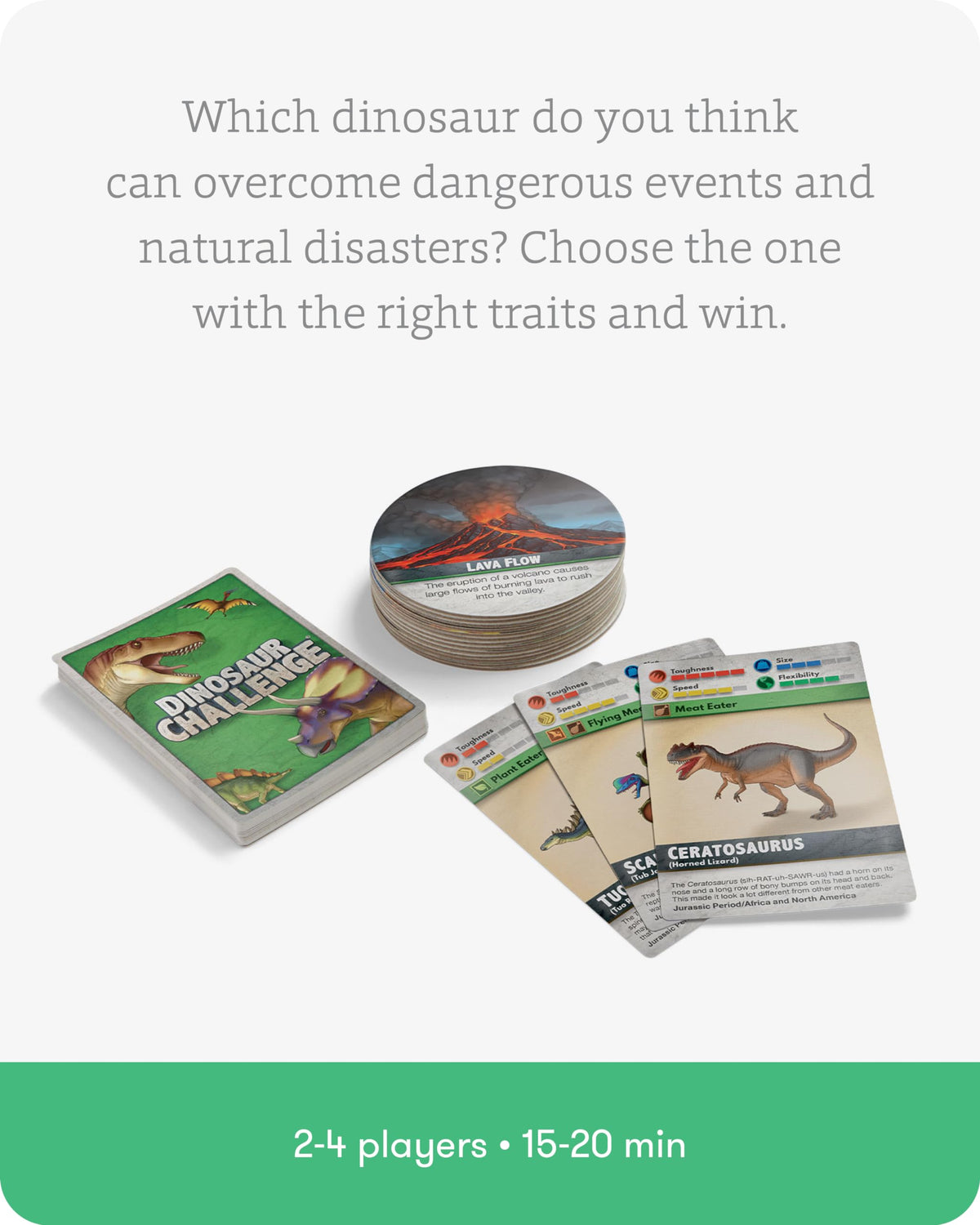 Dinosaur Challenge - Learn About Dinosaurs and Situational Analysis - Engaging and Educational Kids Card Game - 2 to 4 Players - Ages 7 & Up