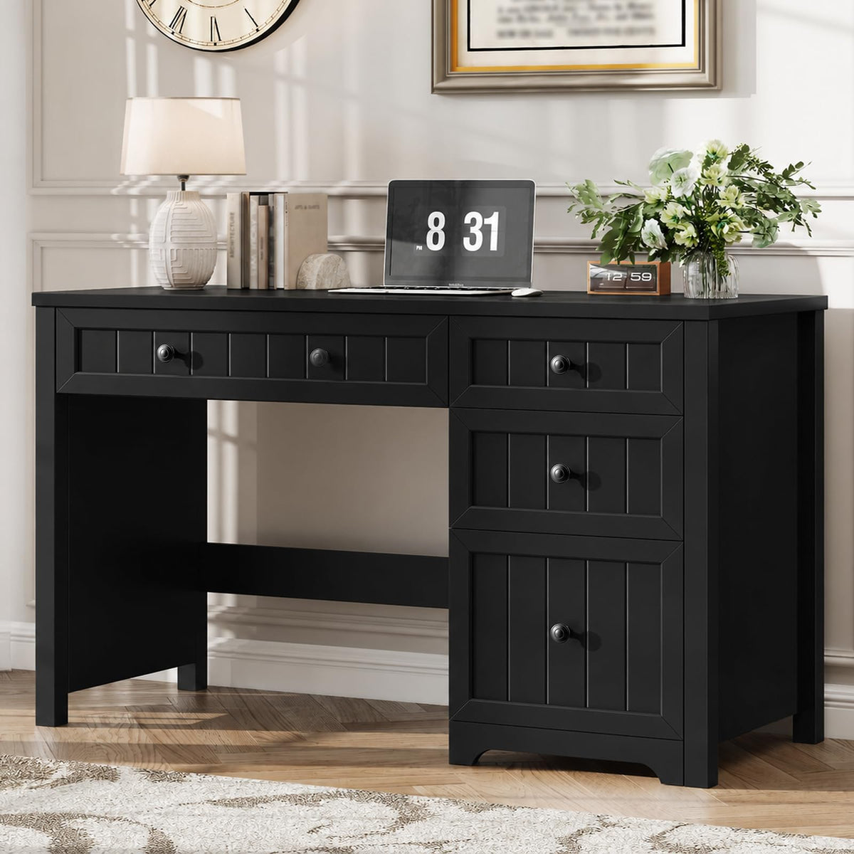 Vabches Farmhouse Desk with 4 Drawers, File Drawer, Wood Computer Desk, Pure Black