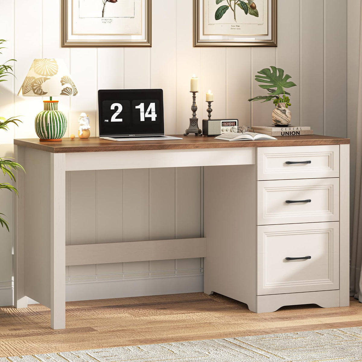 Farmhouse Executive Desk with Drawers, File Drawer, Wood, Brown White
