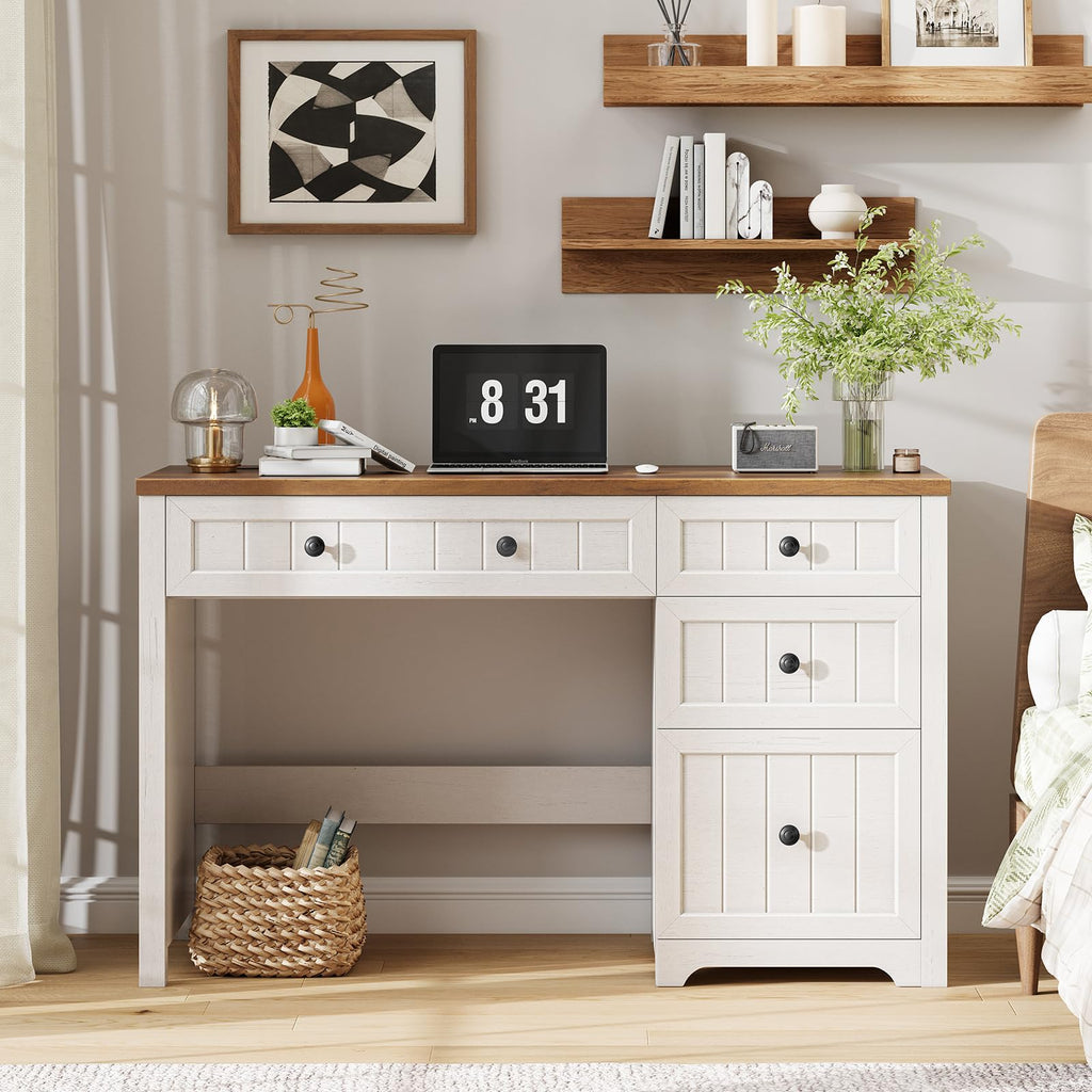 Farmhouse Desk with 4 Drawers File Drawer, Wood Computer Desk Brown & White
