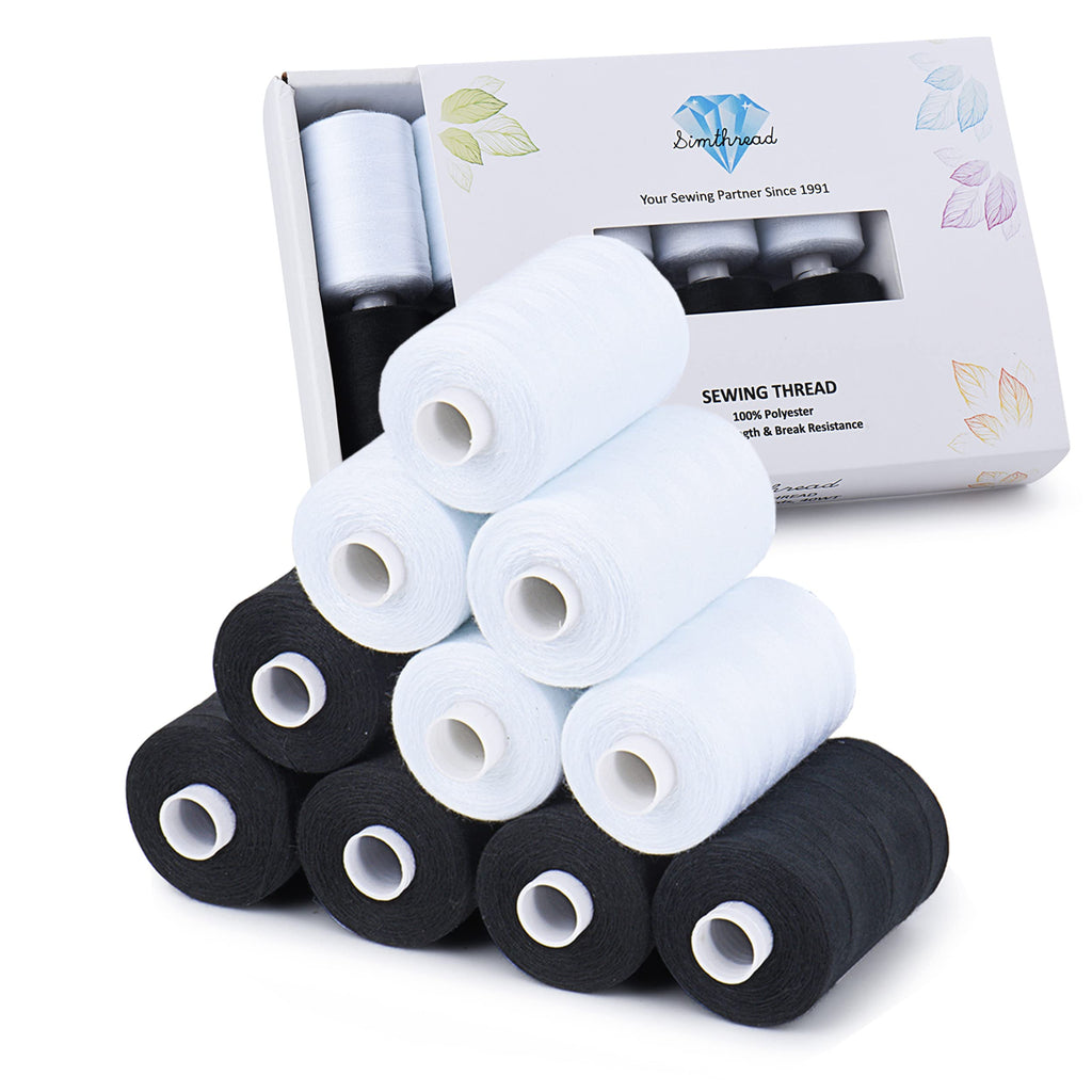 Simthread All Purpose Sewing Thread, 10 Spool (5 White+ 5 Black) 1000 Yards Each Bobbin Polyester Thread for Sewing, Handy Polyester Sewing Threads for Sewing Machine - (White and Black Series)