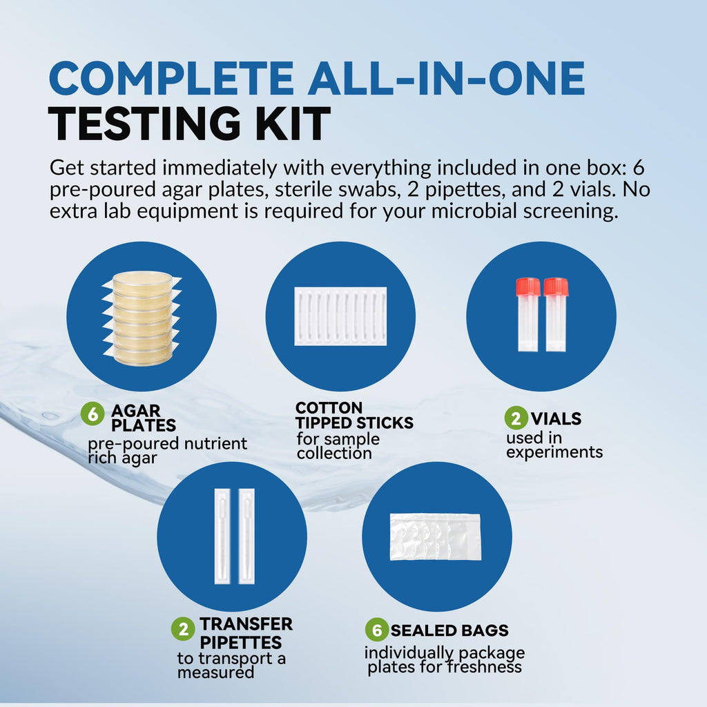 Water Bacteria Test Kit - 6 Pack Pre-Poured Agar Plates with Sterile Swabs