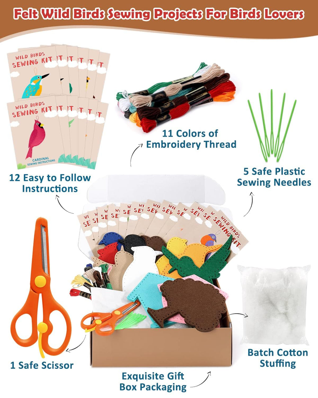 Wild Birds Sewing Kit for Kids – 12 Felt Bird &amp; Nature Crafts | Beginner Sewing &amp; Educational Activity Set