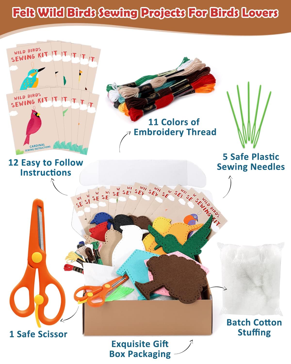 Wild Birds Sewing Kit for Kids – 12 Felt Bird &amp; Nature Crafts | Beginner Sewing &amp; Educational Activity Set