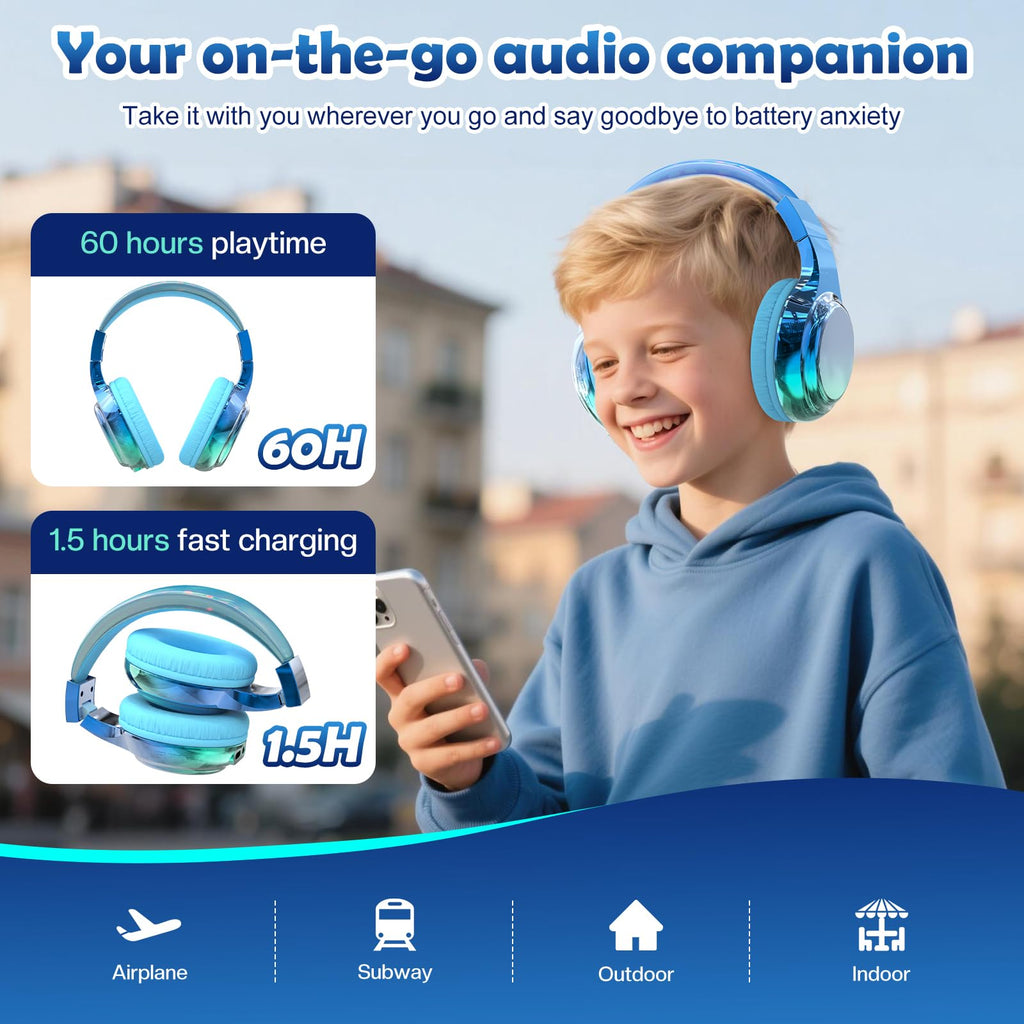 Blue Kids Bluetooth Headphones, 60H Playtime, 74/85/94dB Volume Limit