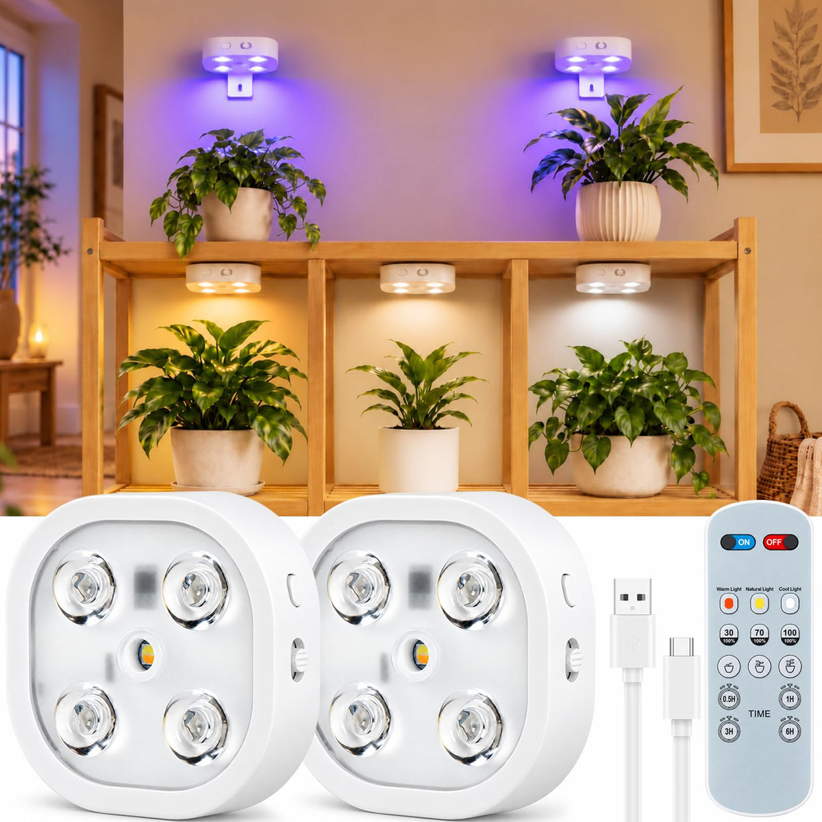 2 Pack Rechargeable Cordless Grow Lights for Indoor Plant Science Full Spectrum LED Plant Lights with Remote Control, Timer & Dimmable, 2000mAh Wireless Magnetic