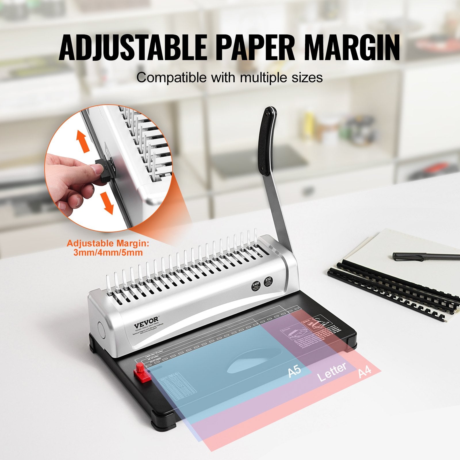 Binding Machine, Comb Binding Machine 21-Holes Binding 450 Sheets, Book Binder Machine With 100 PCS 3/8'' Comb Binding Spines, For Letter Size, A4, A5