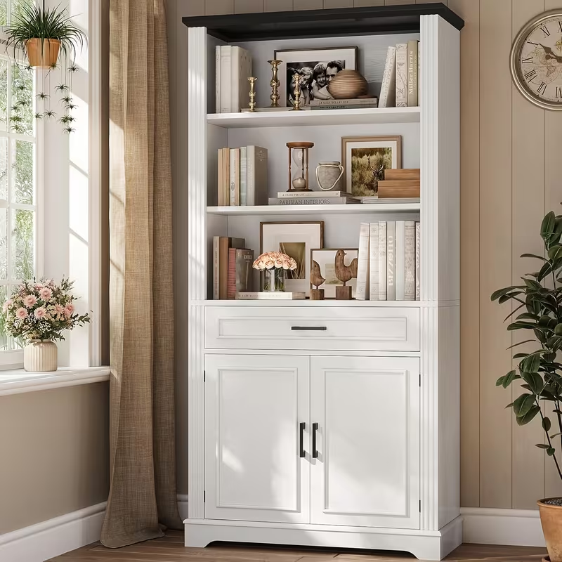 Farmhouse Bookcase with Doors & Drawer, 6 Shelves