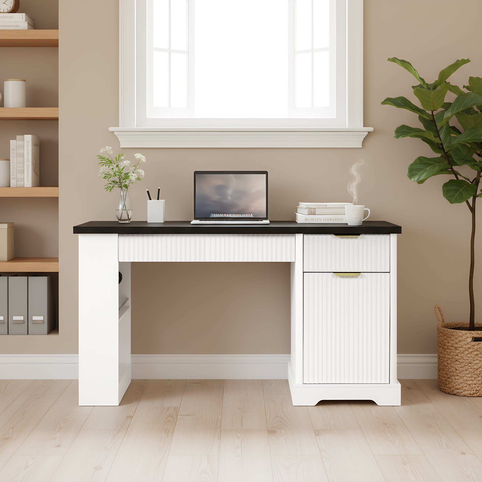55" Modern Fluted Office Desk With Storage Cabinet, Drawers, Power Outlet, Pegboard, Built-in Shelves, and Keyboard Tray, White