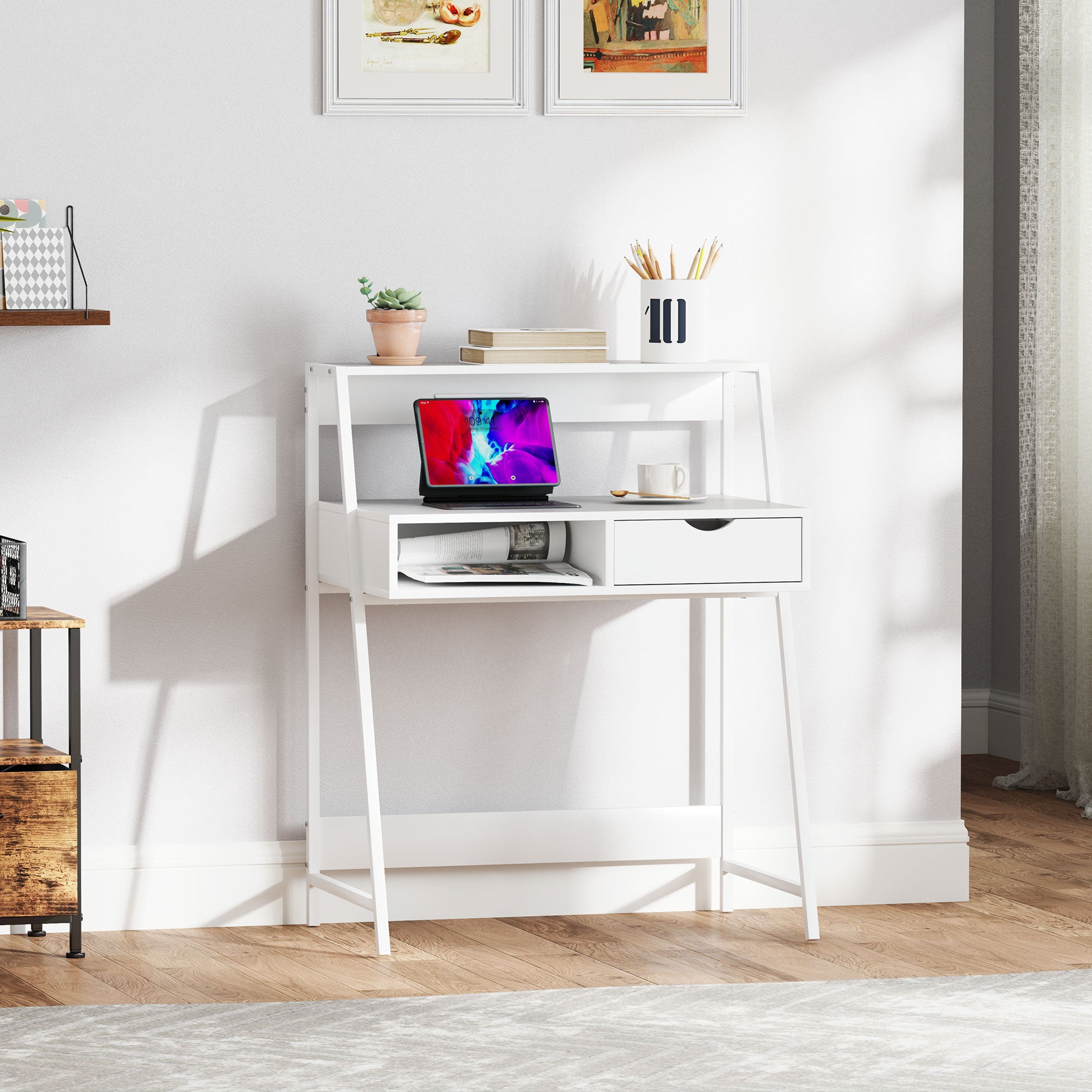 Study Table With Drawer And Storage Shelves, White