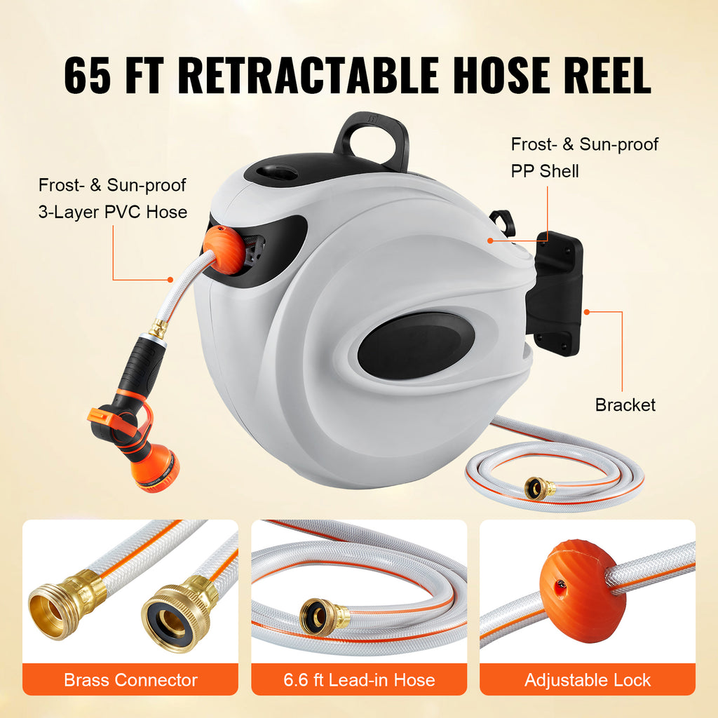 VEVOR Retractable Hose Reel Water Hose Reel, Swivel Wall-Mounted
