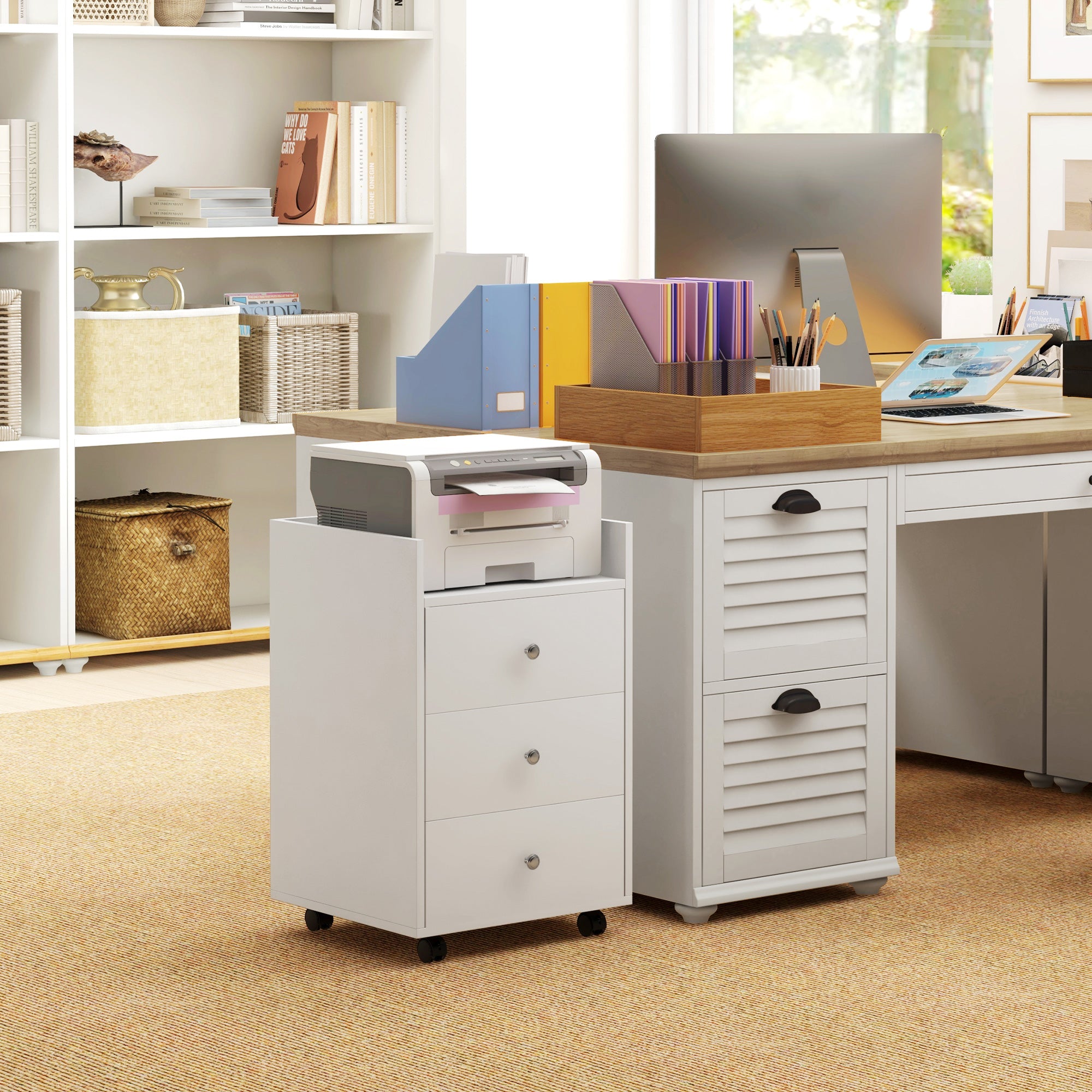 3 Drawer File Cabinet on Wheels Mobile Home Office Storage Cabinet with Top Tray Under Desk Printer Stand, White