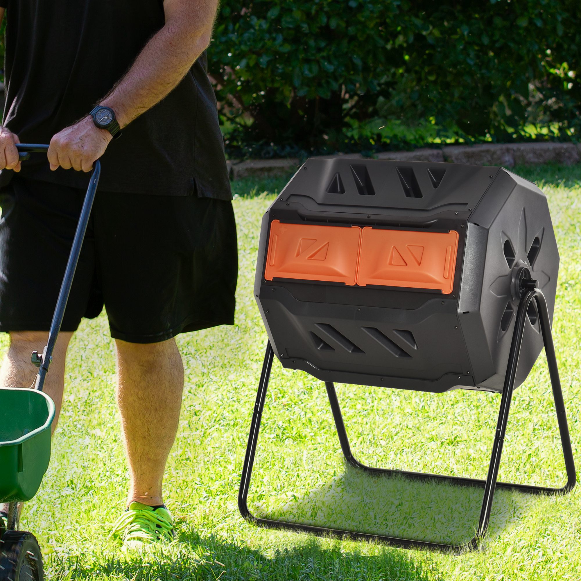 Tumbling Compost Bin Outdoor 360° Dual Chamber Rotating Composter 43 Gallon, Orange