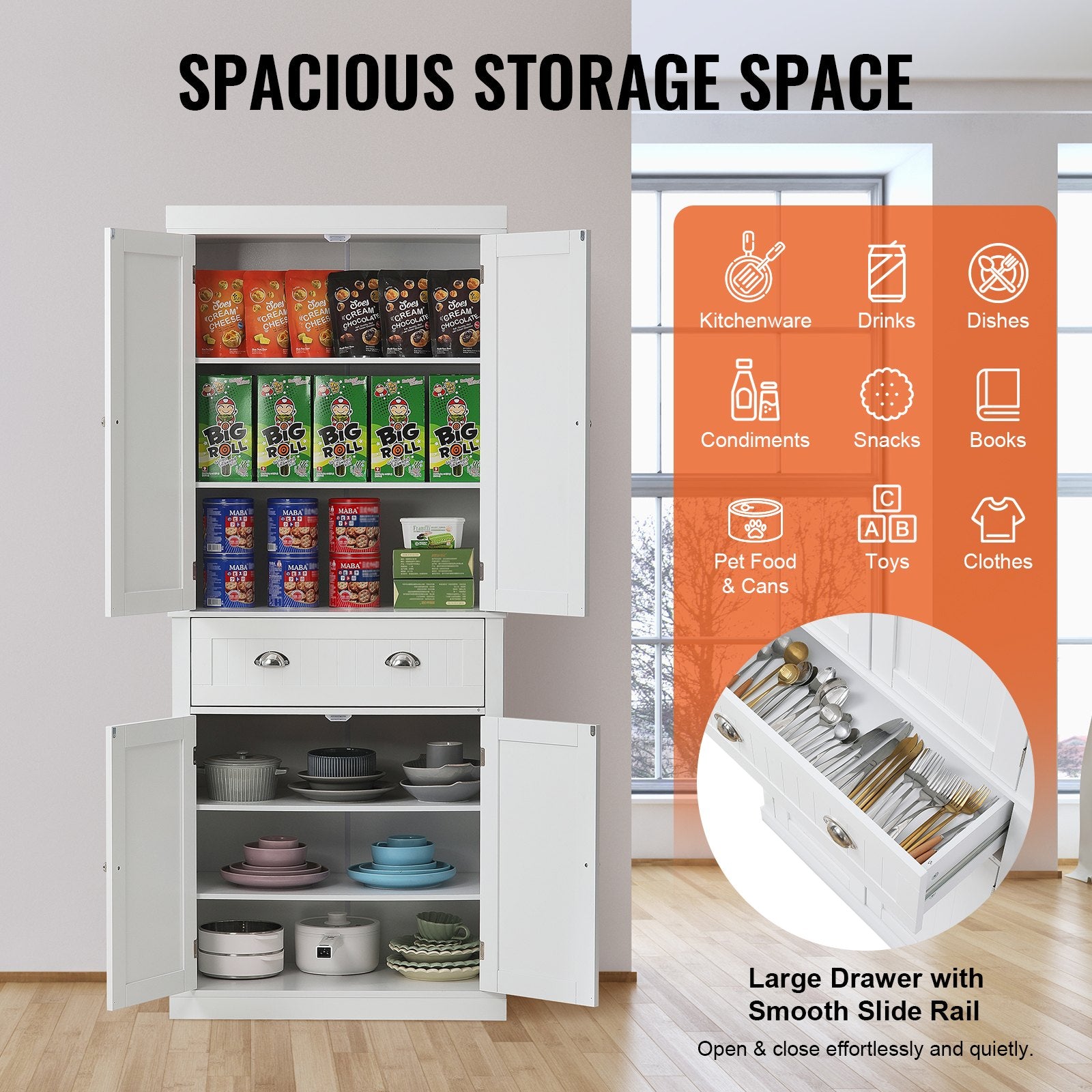 Vevor 72" Tall Storage Cabinet, With Drawer & 3 Adjustable Shelves, White