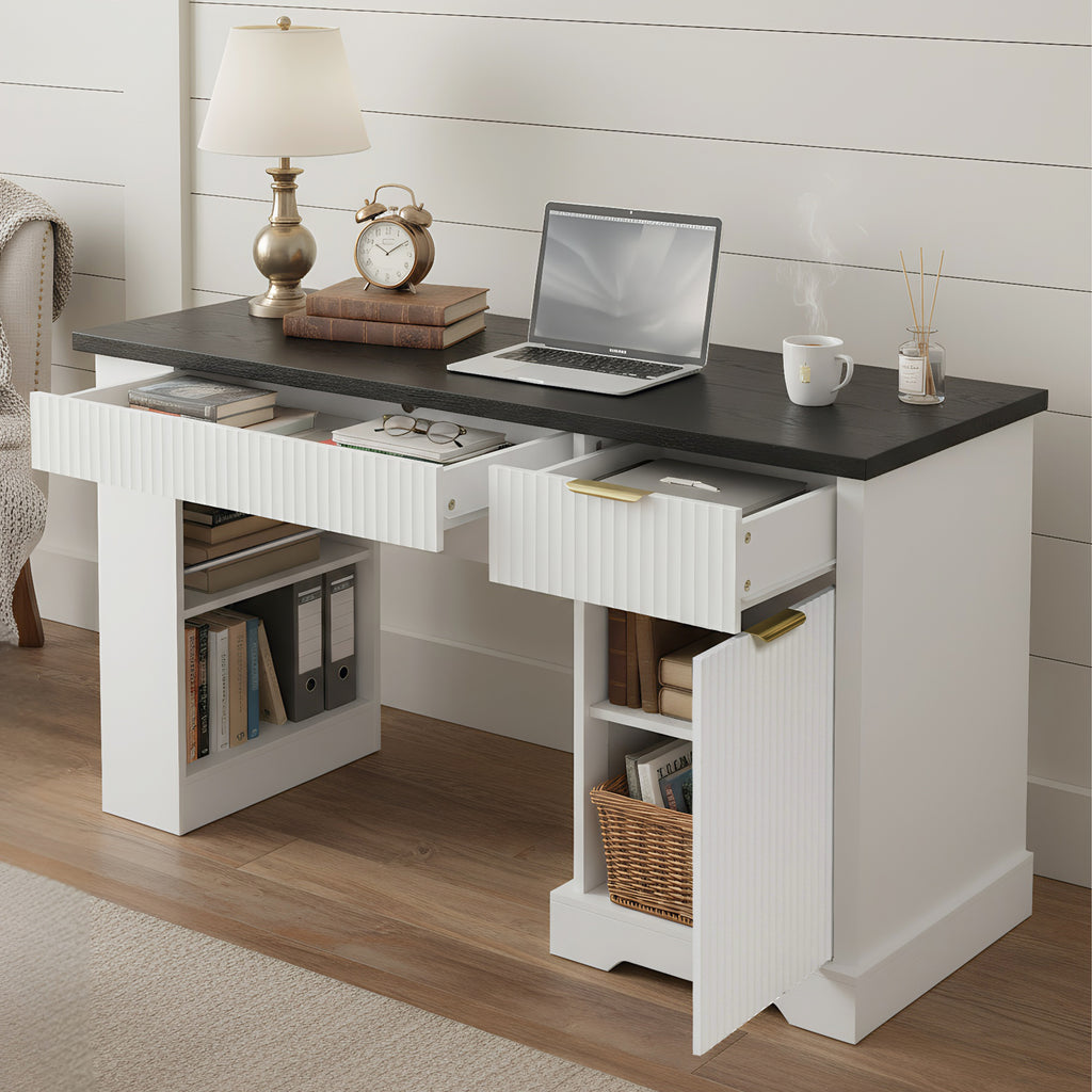 55" Modern Fluted Office Desk With Storage Cabinet, Drawers, Power Outlet, Pegboard, Built-in Shelves, and Keyboard Tray, White