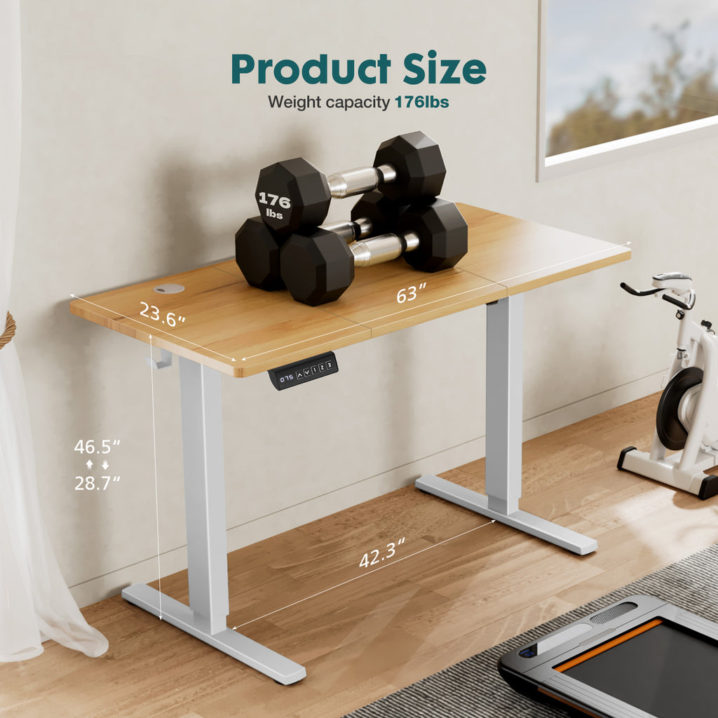 Electric Adjustable Height Standing Desk Sit To Stand Up Desk With Splice Board, Rising Home Office Computer Table With 2 Hook And Wire Hole For Work