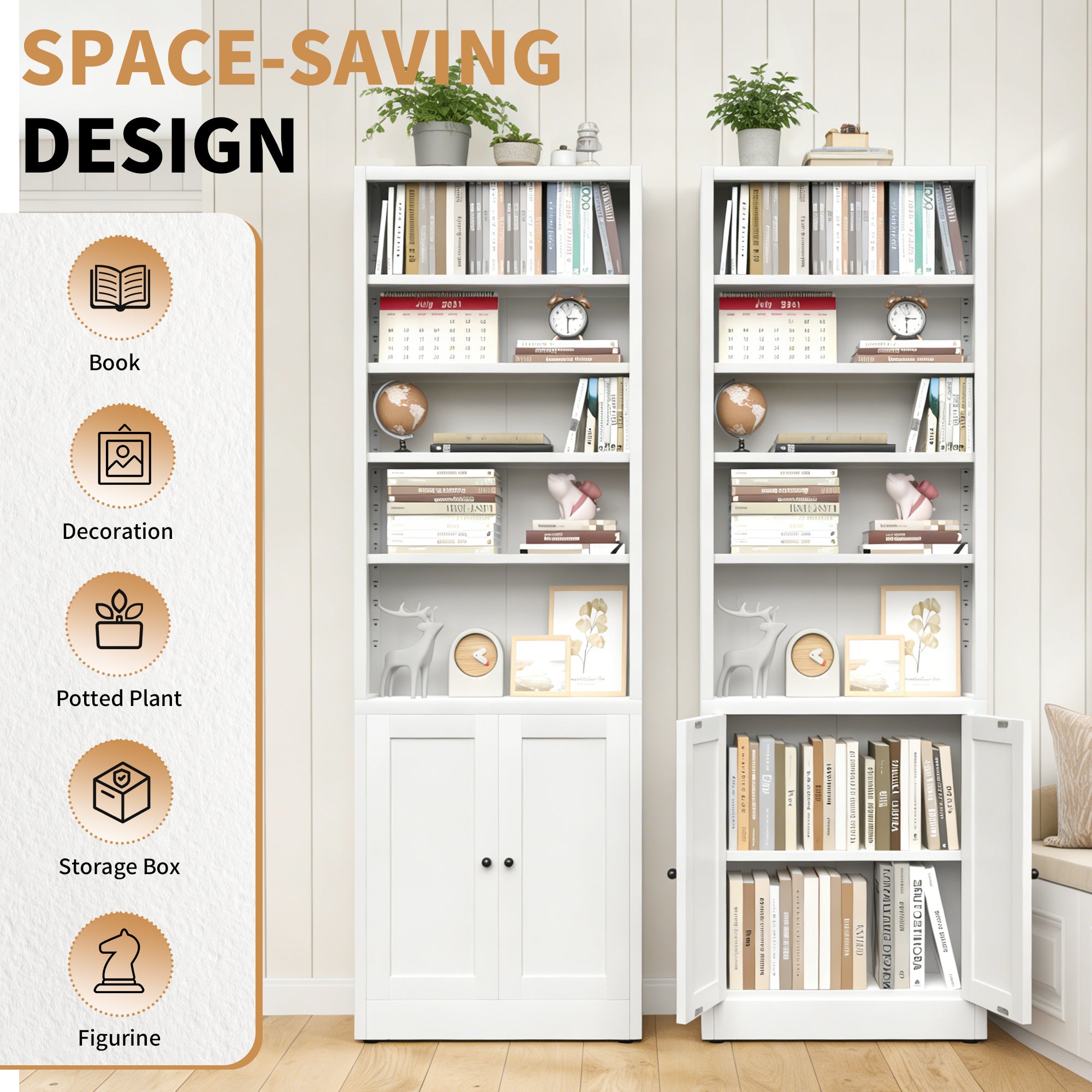 Metal Bookcase, 71 Inch Tall 5-Tier Bookshelf With Door,