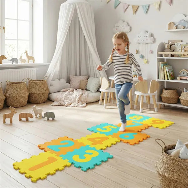 Yellow Kids Hopscotch Foam Mat With 9 Interlocking Tiles & 3 Marker Discs, Non-Slip Play Mat For Toddlers 10 Months+