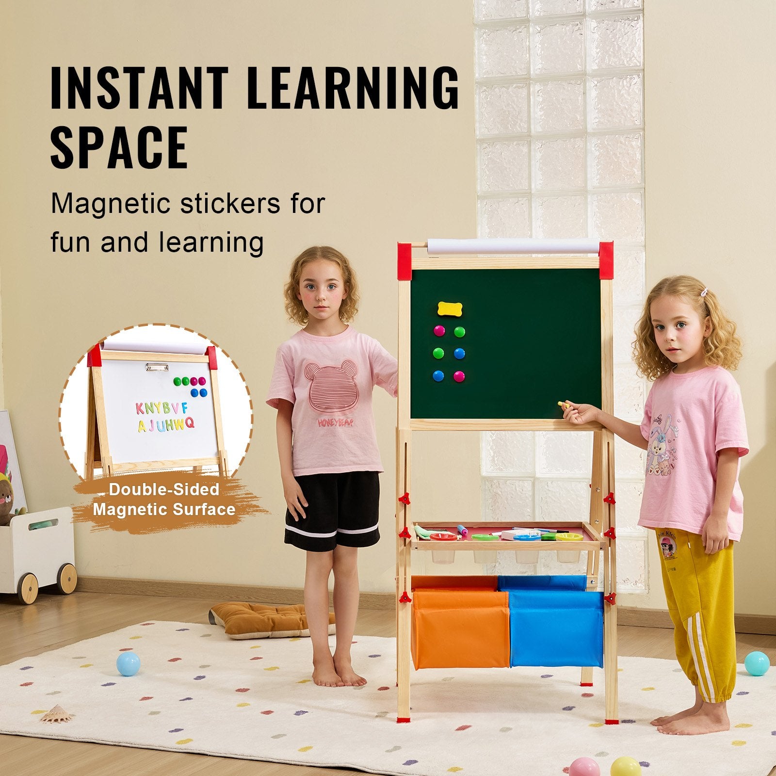 3-in-1 Kids Art Easel Double-Sided Wooden Magnetic Whiteboard Chalkboard
