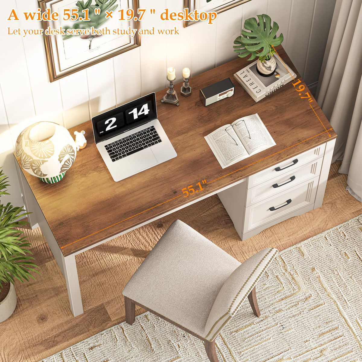 Farmhouse Executive Desk with Drawers, File Drawer, Wood, Brown White